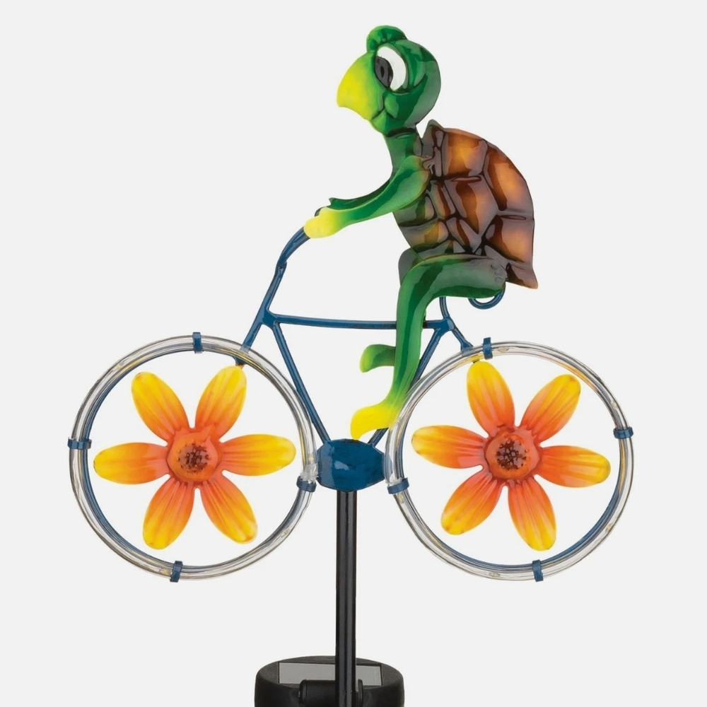 Green & Yellow Cruising Turtle Bicycle Solar Garden Stake